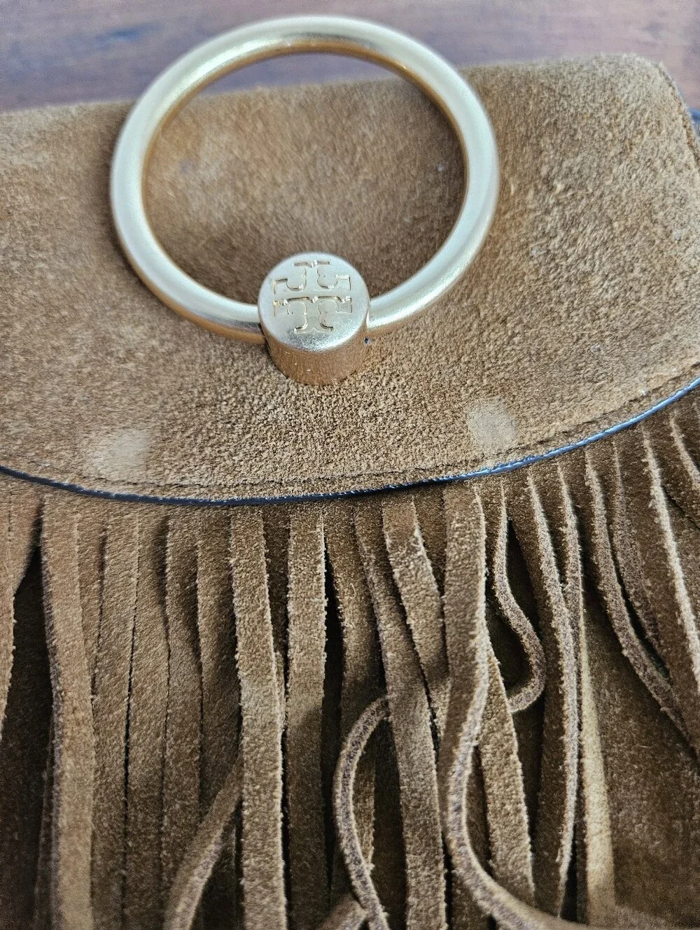 Tory Burch Farrah Suede Fringe Crossbody Phone Bag Pouch Purse Brown